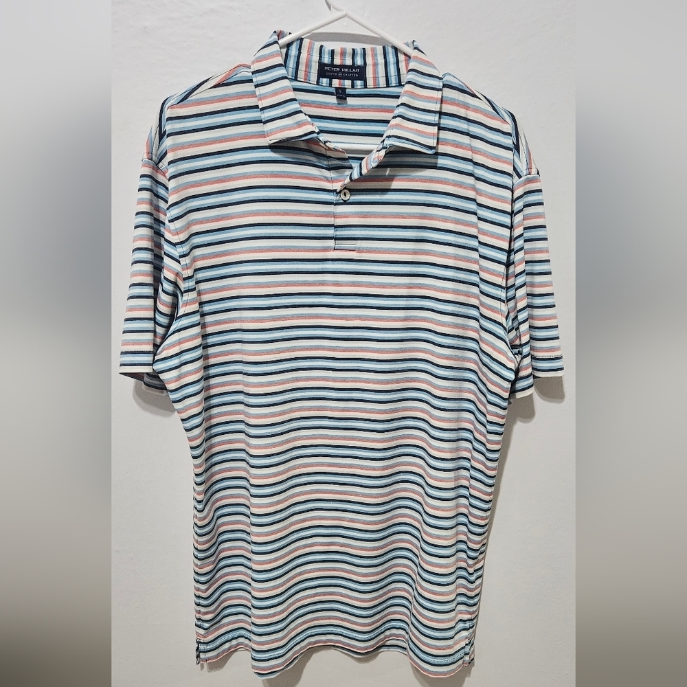 Peter Millar CrownCrafted Striped Performance Polo Shirt Pink Blue & White Lg B2